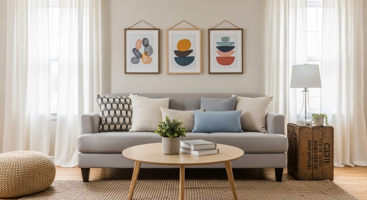 Affordable neutral living room with gray sofa, abstract art, round coffee table and sheer curtains