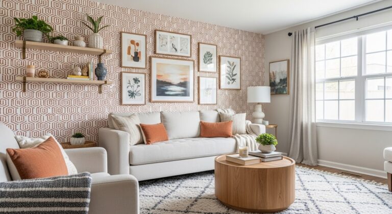 Rental living room ideas for renters — cozy deposit-safe apartment living room styled with rug, plants, and layered textiles