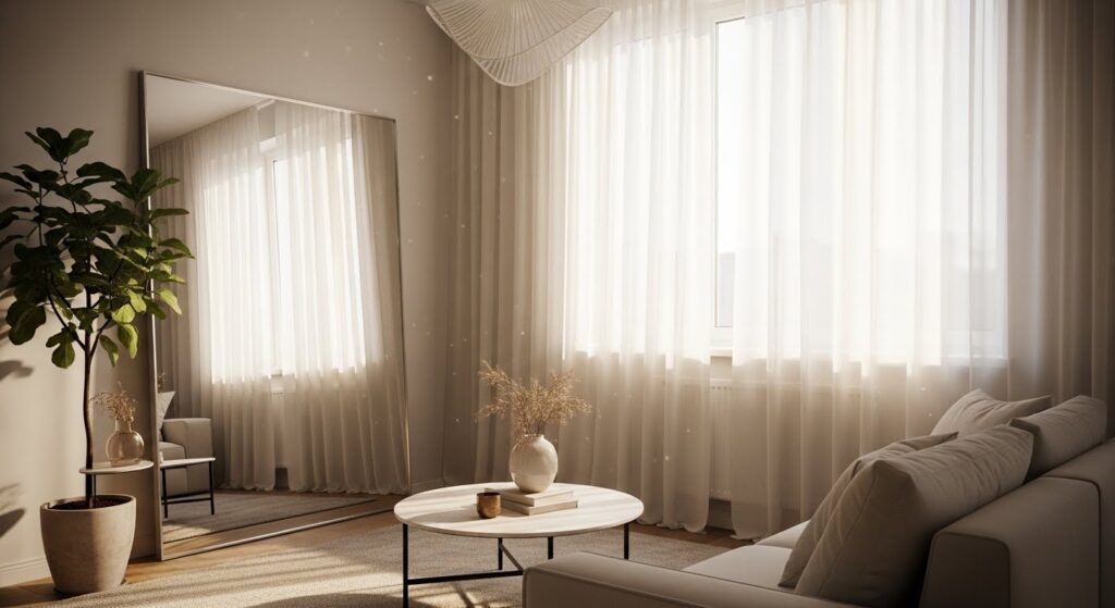 natural light maximization tips for living room using sheer curtains and mirror placement