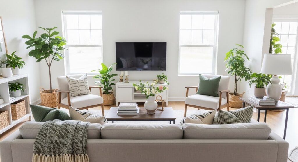 Free living room updates — cozy styled living room refreshed with rearranged furniture, natural decor, and zero budget