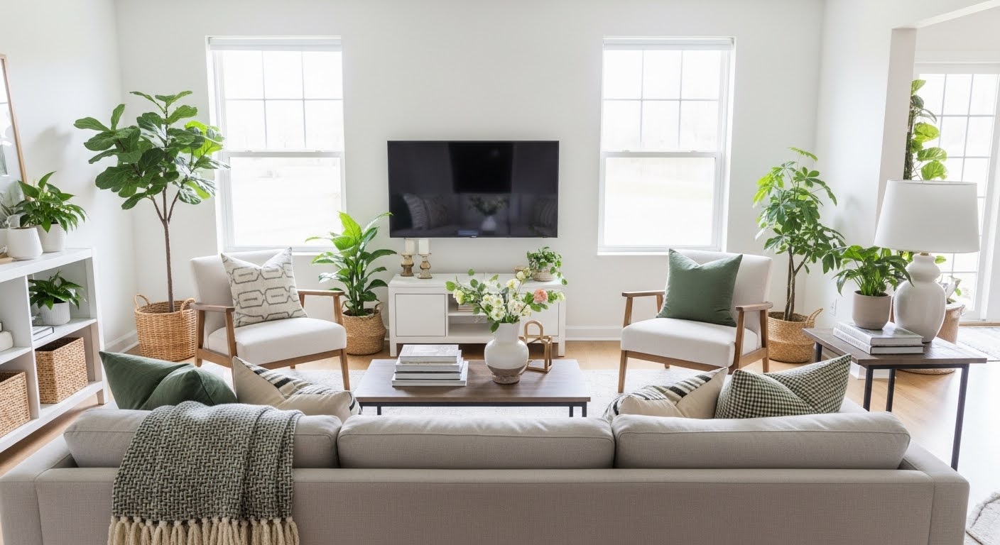 Free living room updates — cozy styled living room refreshed with rearranged furniture, natural decor, and zero budget