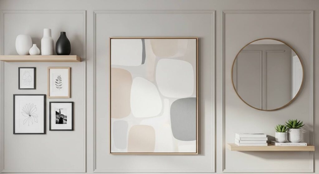 Living room wall decor ideas — beautifully styled living room with large canvas art and gallery wall arrangement