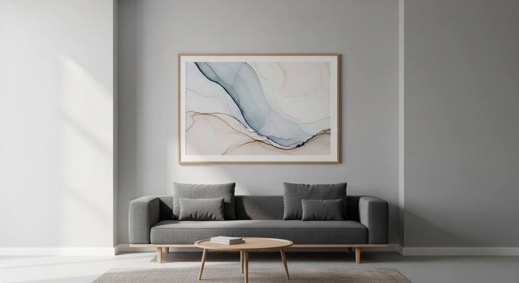 Living room wall decor with single standout canvas surrounded by intentional white space and breathing room