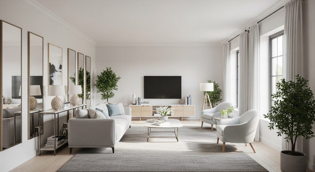 Small living room sofa ideas featuring a neutral apartment-size sofa in a compact well-styled space