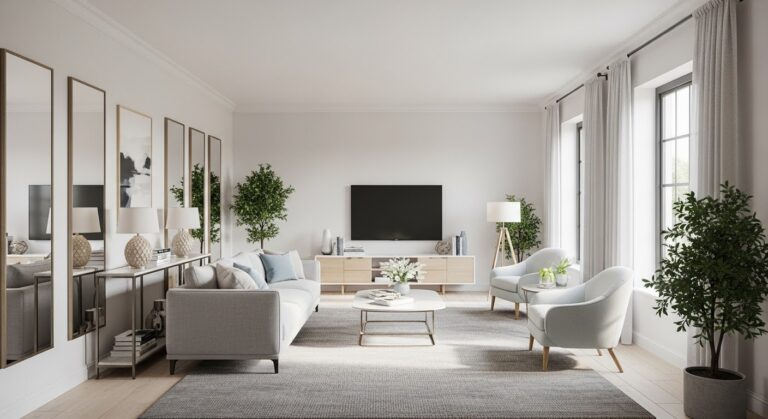 Small living room sofa ideas featuring a neutral apartment-size sofa in a compact well-styled space