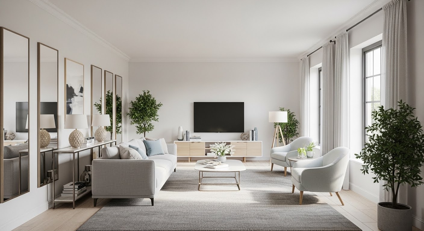 Small living room sofa ideas featuring a neutral apartment-size sofa in a compact well-styled space