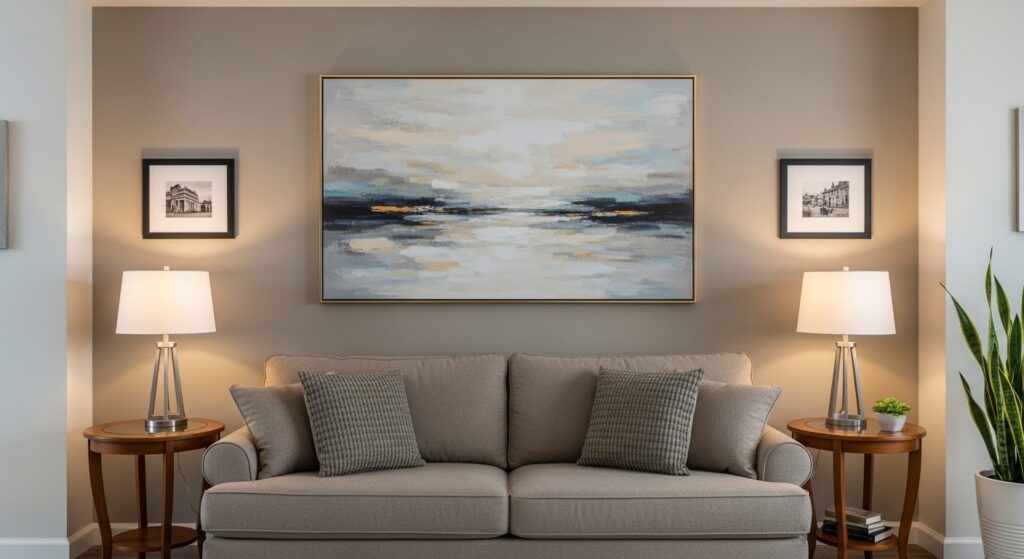 Living room wall art centered above sofa as main focal point with quieter surrounding walls