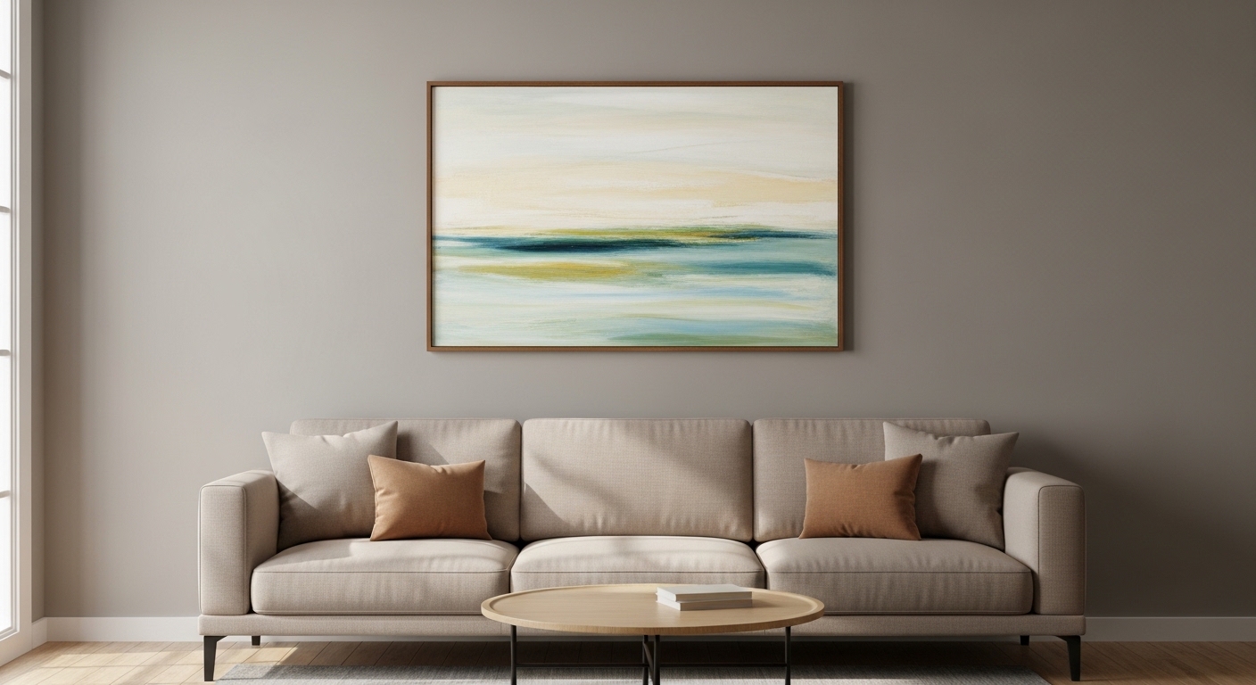 A simple living room wall with framed artwork